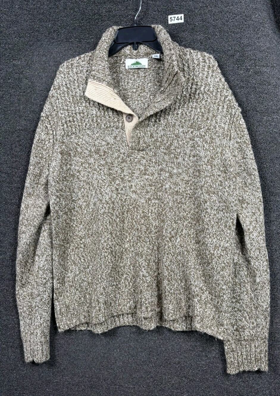 Rockingham Knit Sweater Mens Size XXL Beige Button Up Mock Turtle Neck 1/4